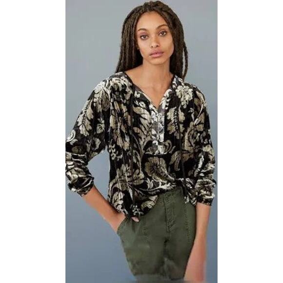 Faustine Luxurious Velvet Floral Peasant Blouse Large - Picture 14 of 14